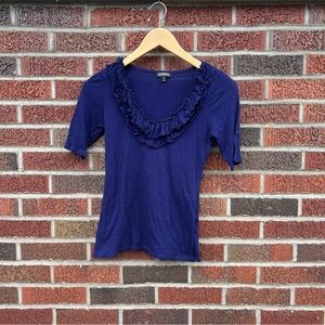 Express Navy Blue Ruffle Front Scoop Neckk 1/2 Sleeve Dreamweight Cotton Top